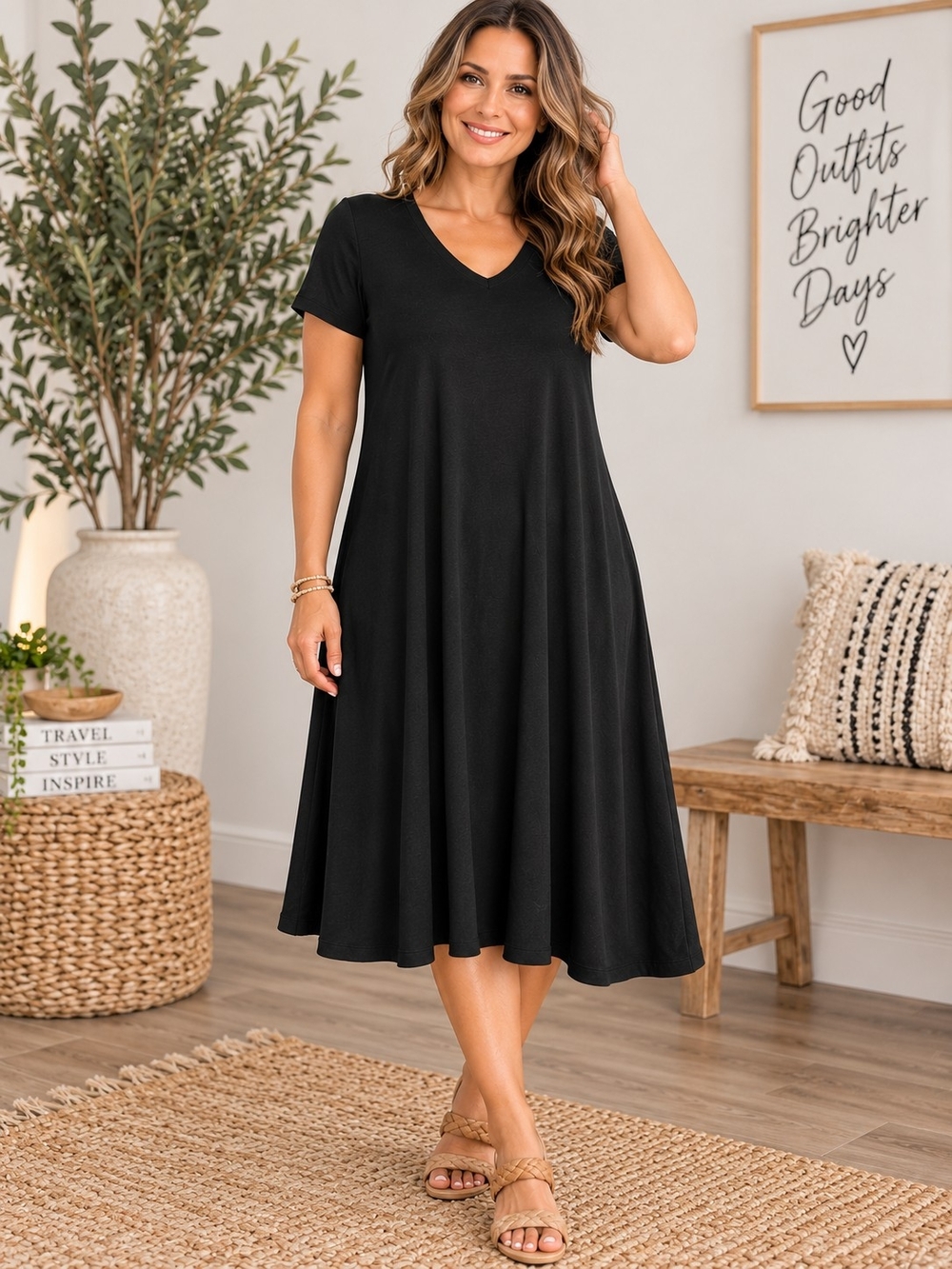 A49. Chico’s Travelers Black V-Neck Short Sleeve Swing Dress Size 2 Large 12/14